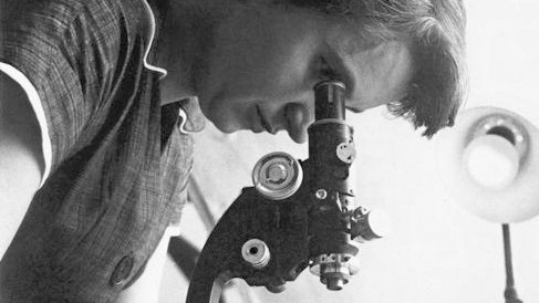 Rosalind Elsie Franklin blickt durch ein Mikroskopp